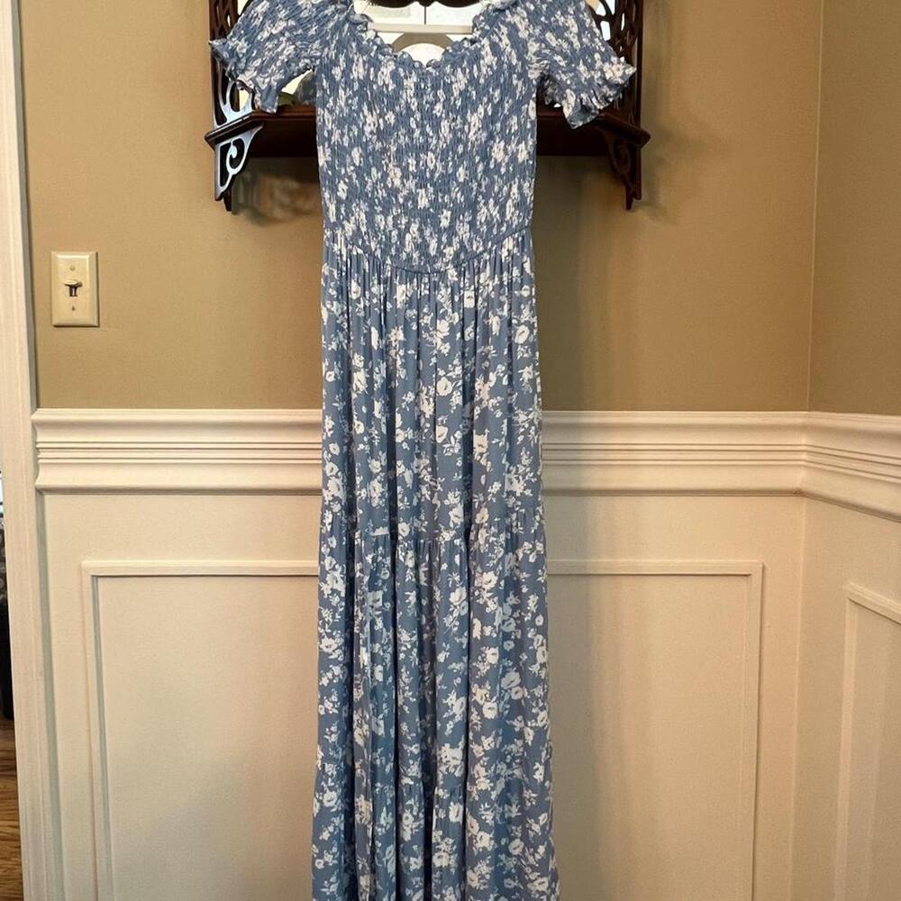 Altar'd State blue floral maxi dress with fully smocked elastic bodice, delicate